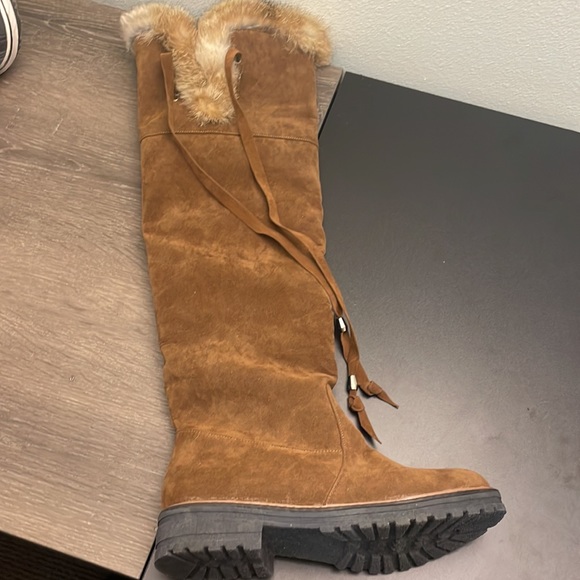 Brown Vegan Suede Faux Fur Lined Over The Knee Knee High Zip Boots - Picture 8 of 8